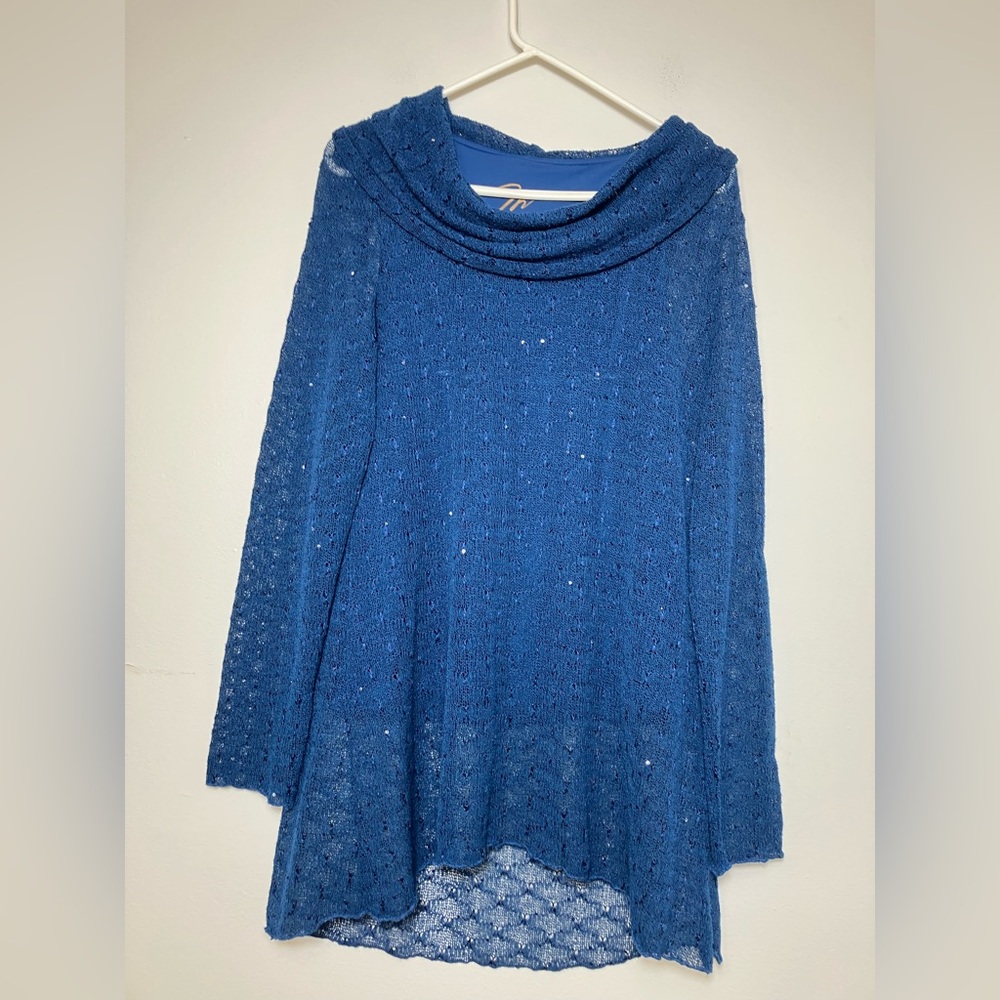 Miracle Body By Miraclesuit Tunic‎ Top Sz Large Blue Lace Kind Sleeve Slimming